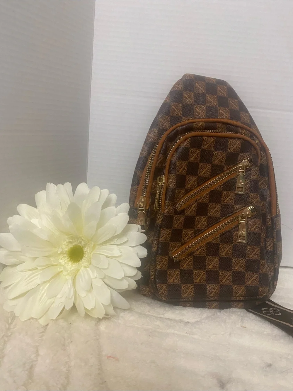 Brown Checkered Mini SlingBack Bag with Gold Hardware Multiple Compartments